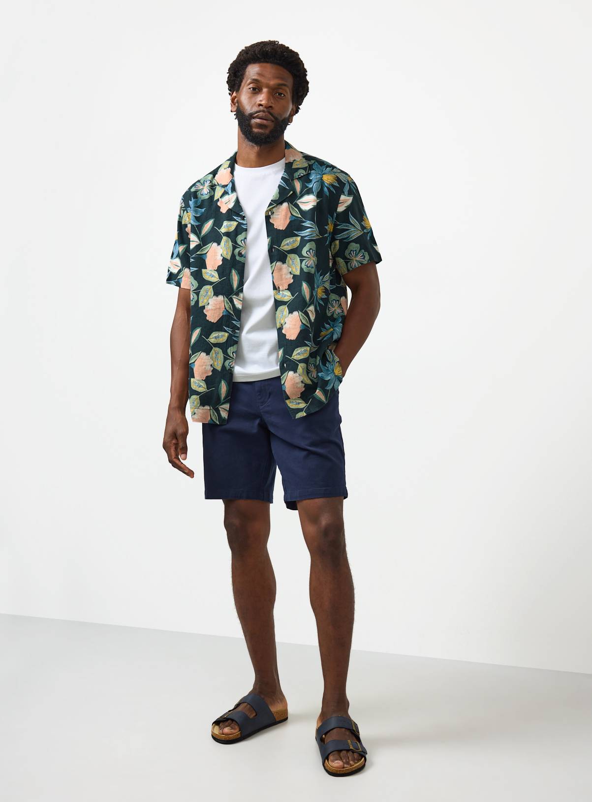 Navy Floral Print Linen Blend Revere Shirt M - Image 2