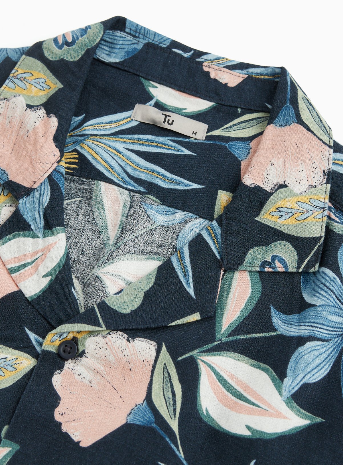Navy Floral Print Linen Blend Revere Shirt M - Image 4 thumbnail