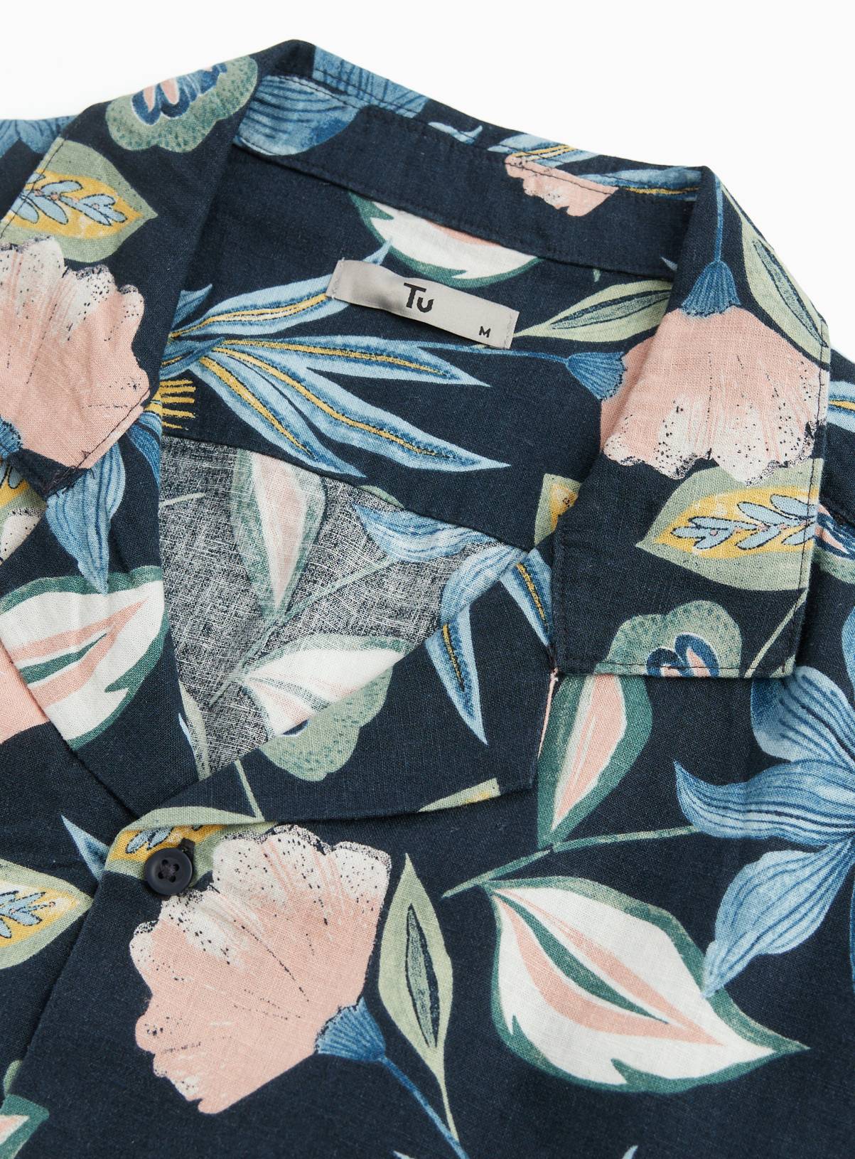 Navy Floral Print Linen Blend Revere Shirt M - Image 4