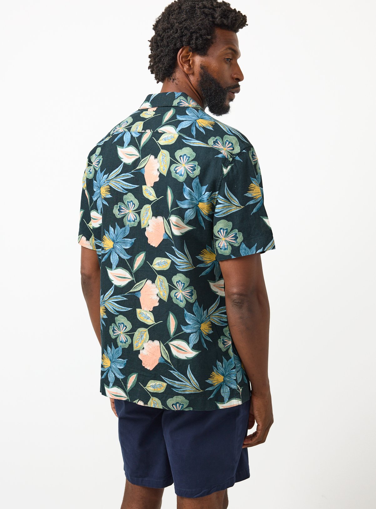 Navy Floral Print Linen Blend Revere Shirt M - Image 5 thumbnail