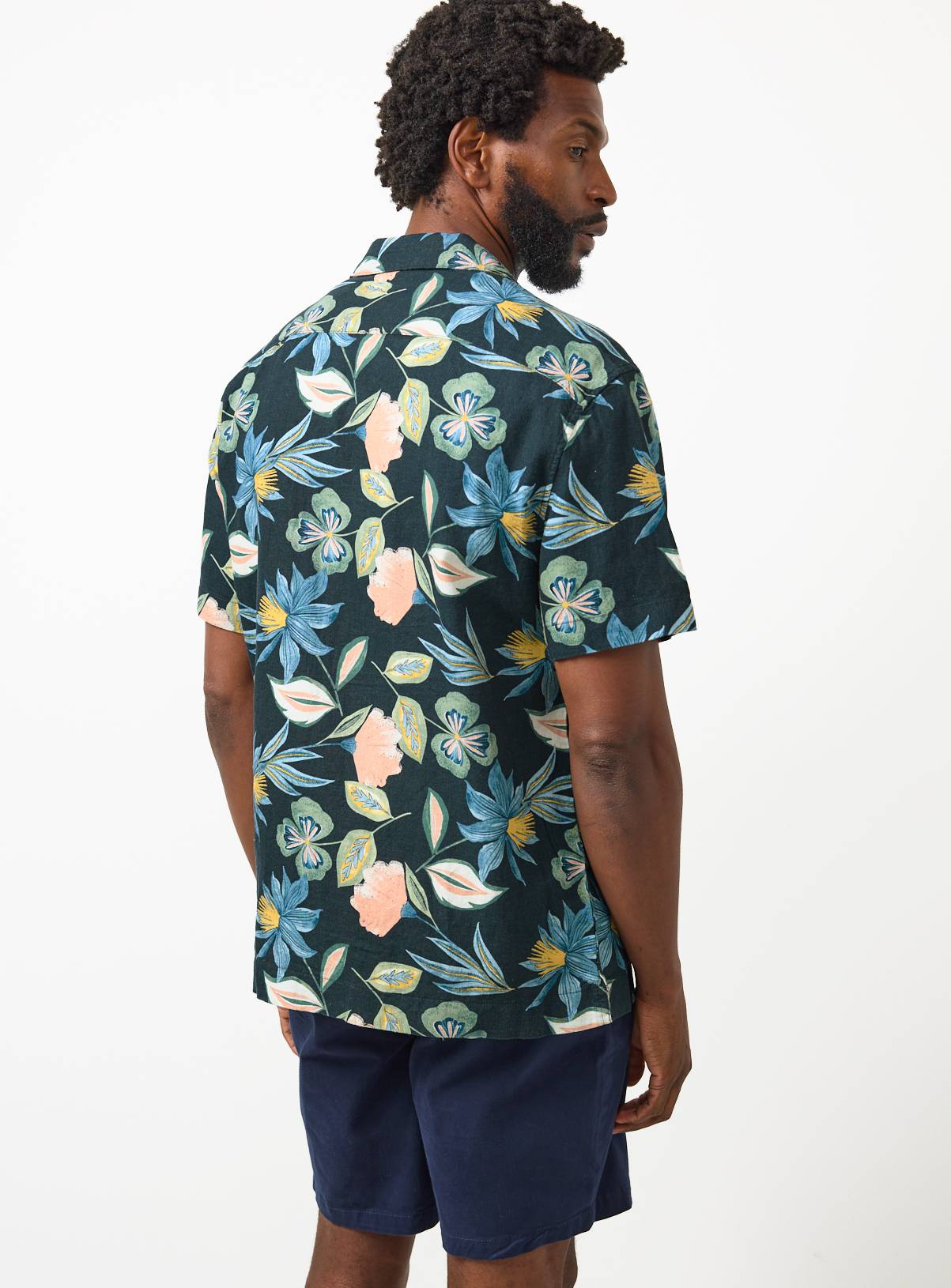 Navy Floral Print Linen Blend Revere Shirt M - Image 5