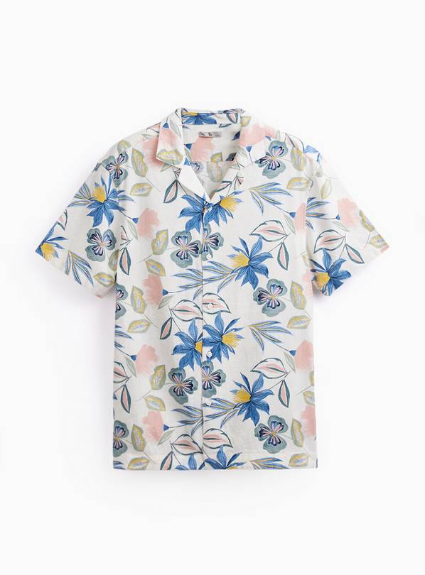 White Floral Print Linen Blend Revere Shirt XXXL