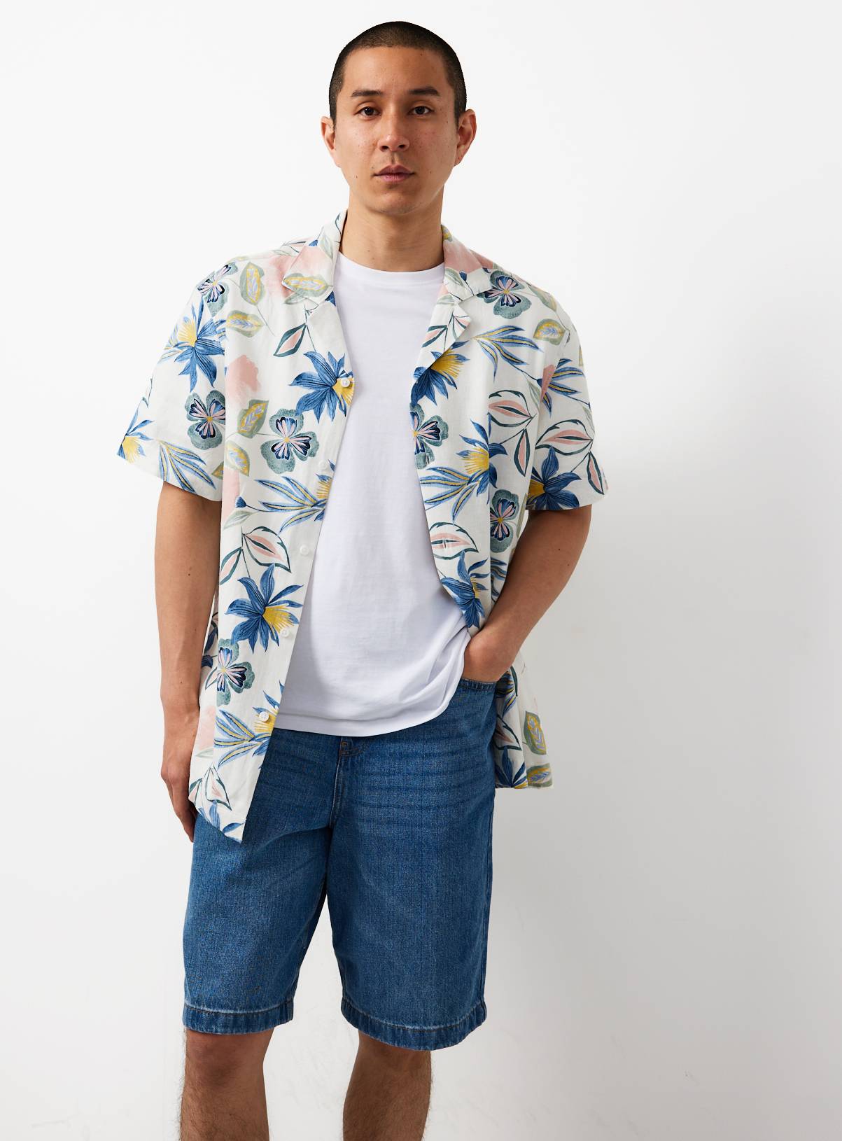White Floral Print Linen Blend Revere Shirt M - Image 2
