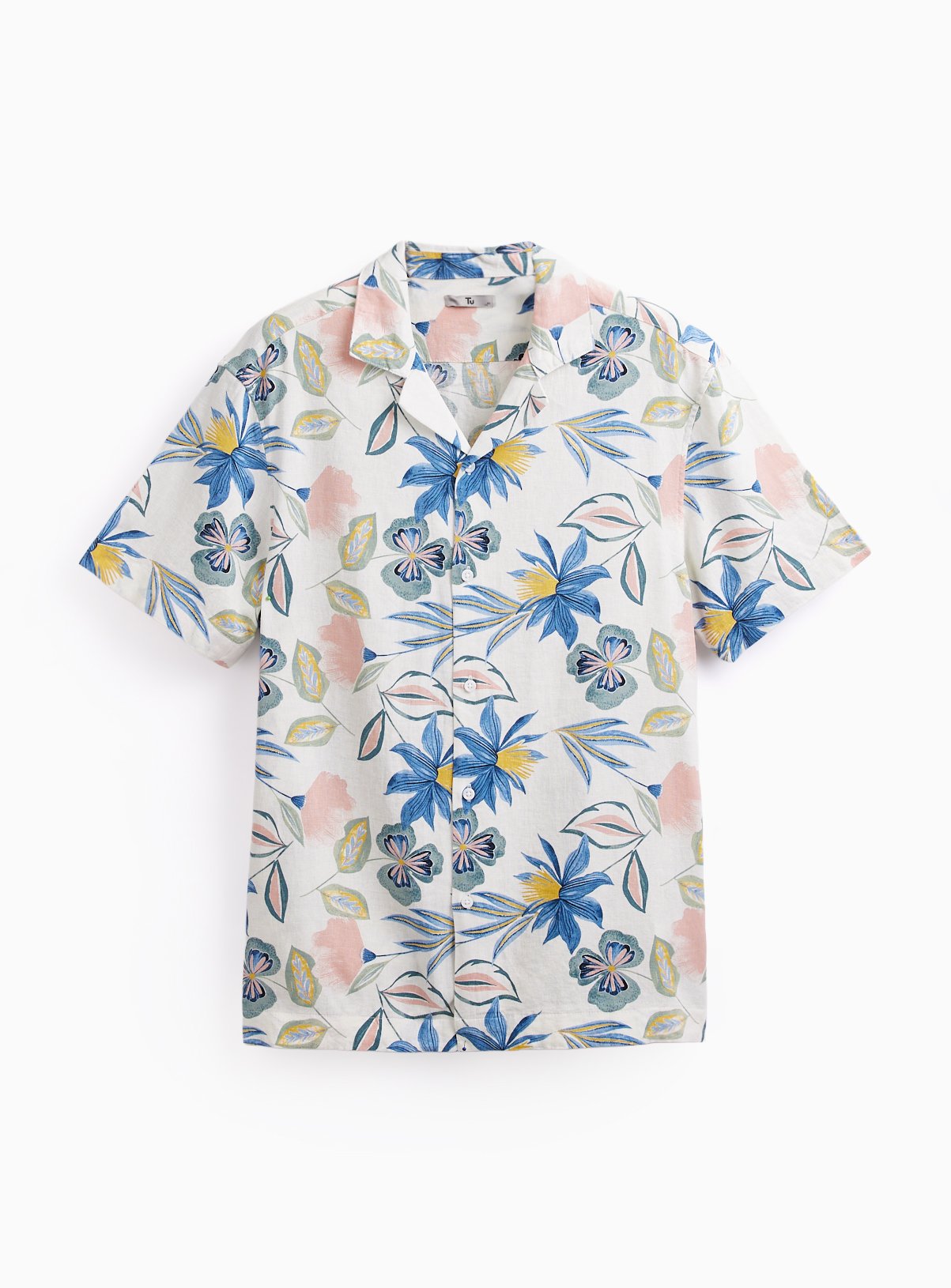 White Floral Print Linen Blend Revere Shirt M - Image 3 thumbnail