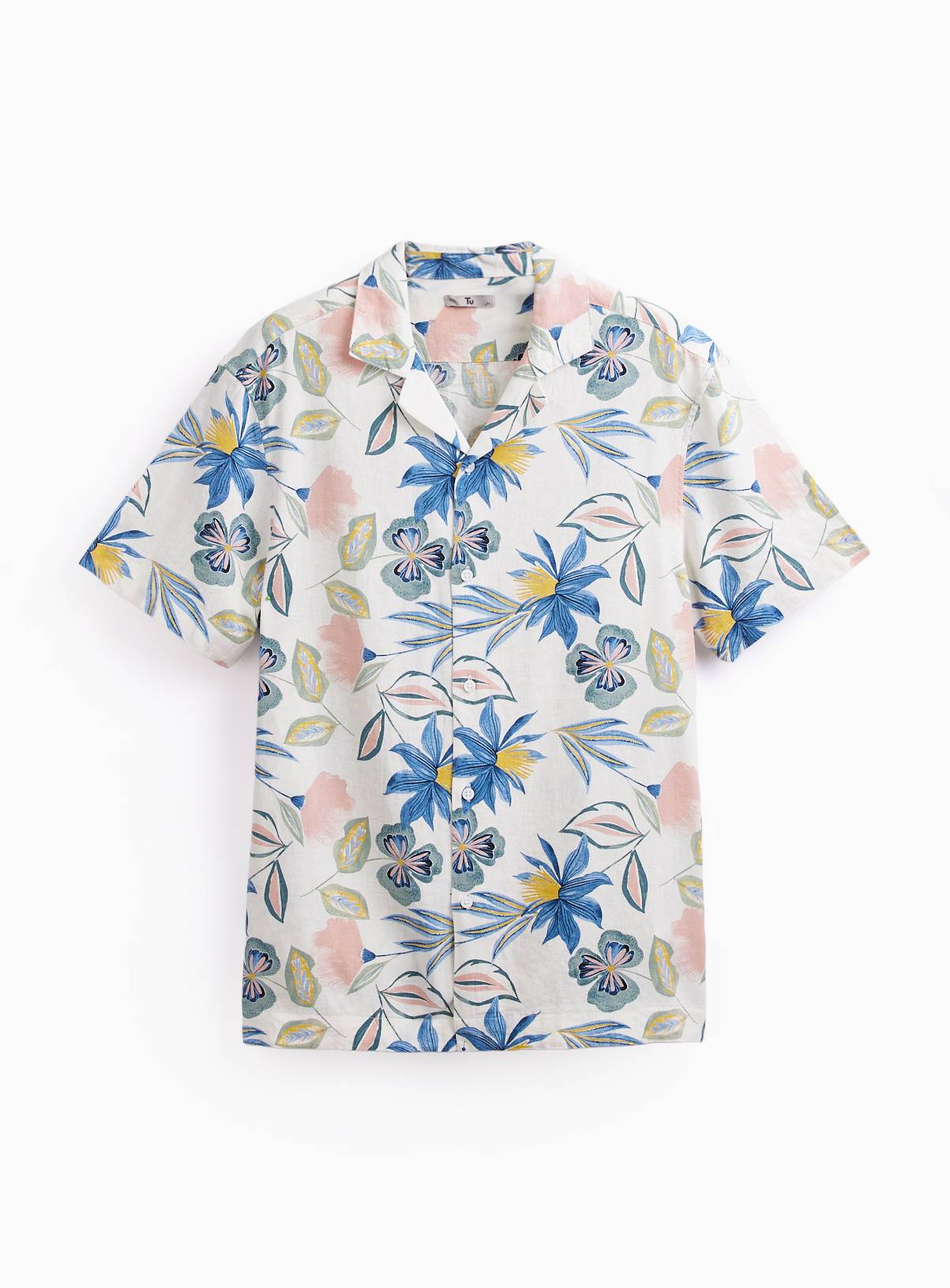 White Floral Print Linen Blend Revere Shirt M - Image 3