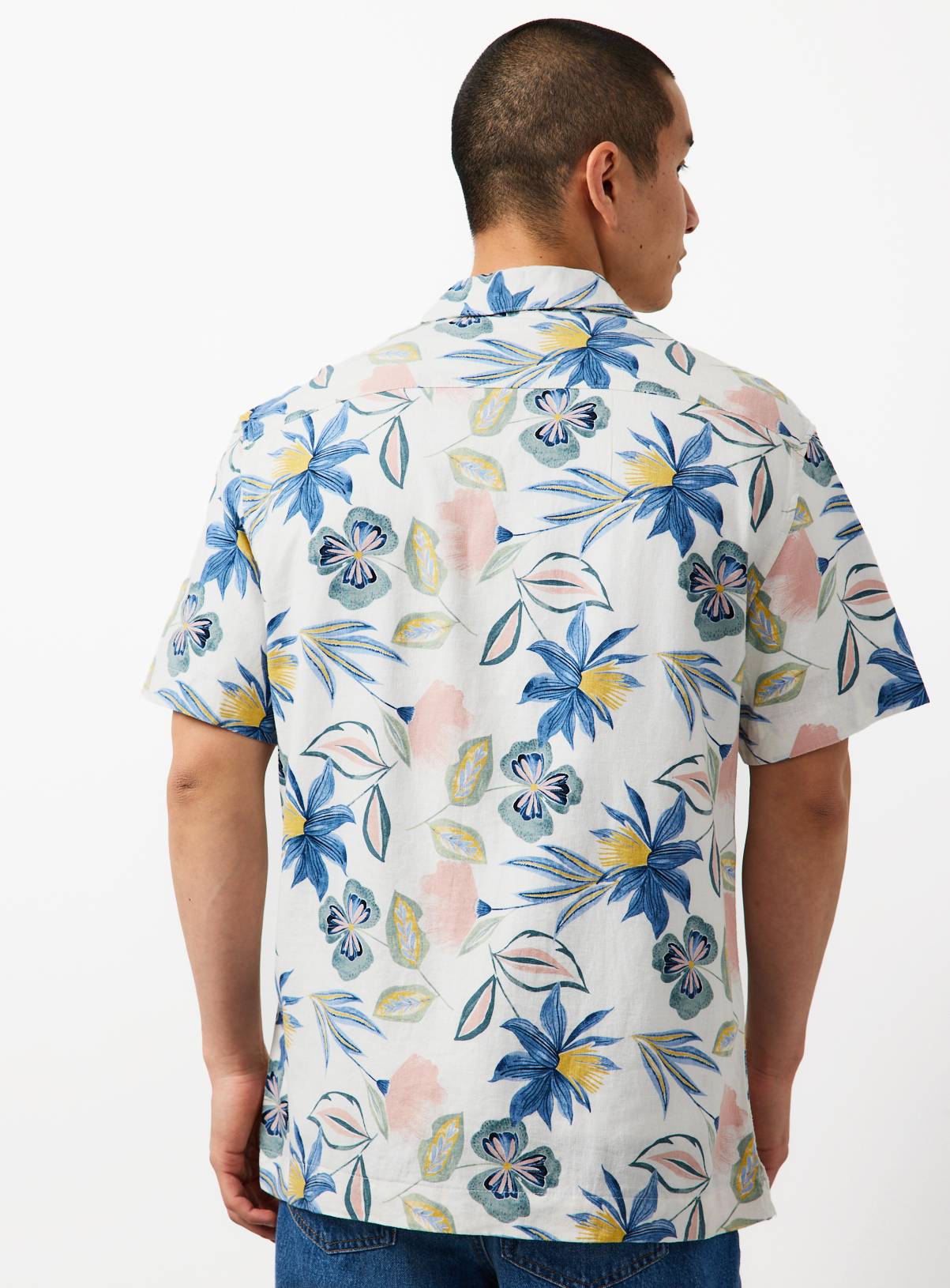 White Floral Print Linen Blend Revere Shirt M - Image 5