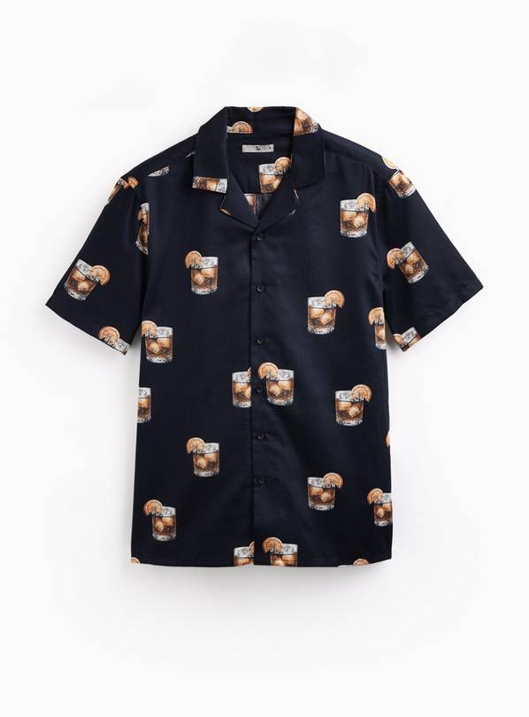 Navy Whisky Print Satin Revere Shirt XL