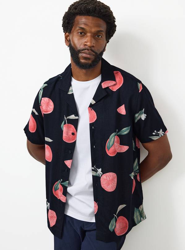 Navy Citrus Print Slub Fabric Revere Shirt L