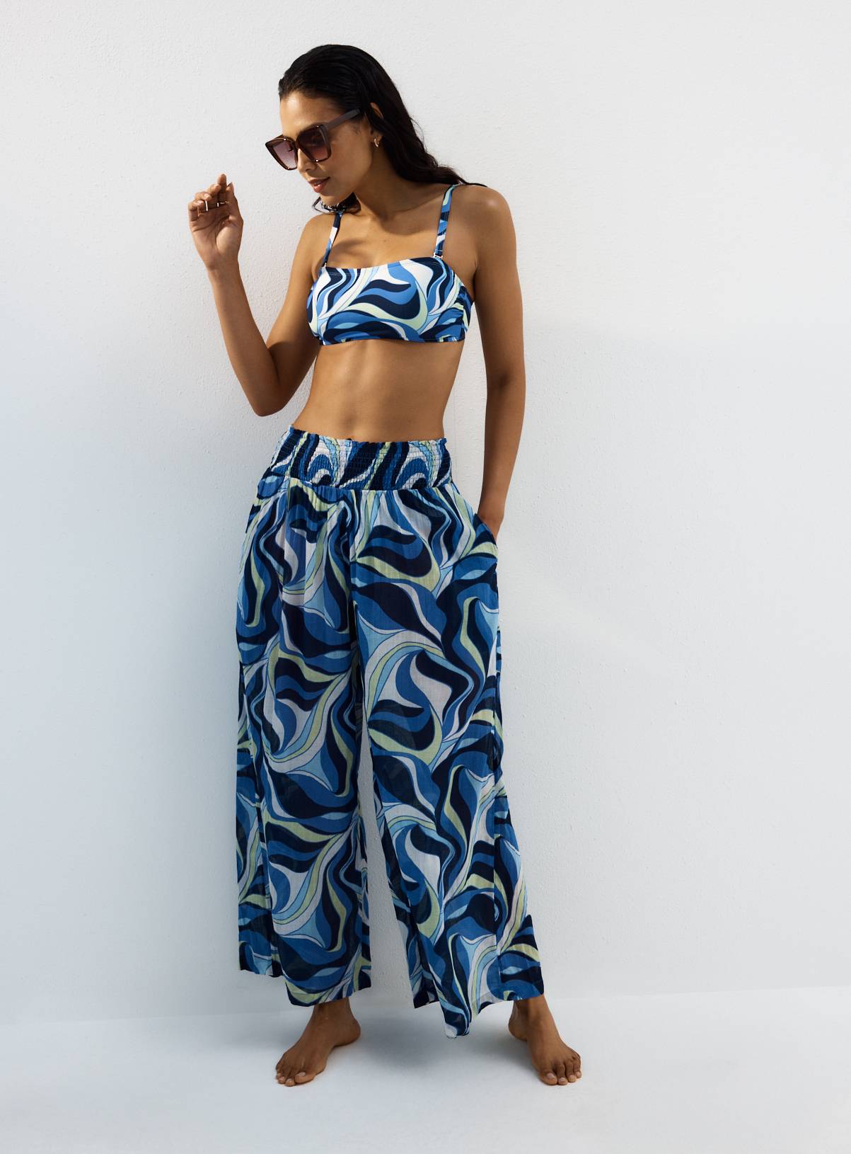 Blue Wave Print Cover Up Trousers M - Image 2
