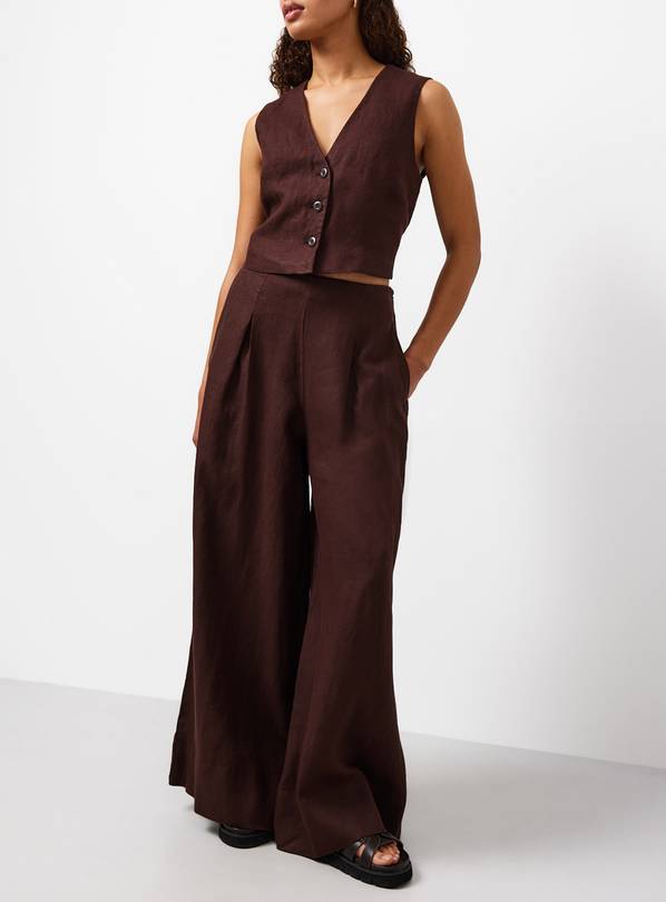 Brown Pure Linen Palazzo Trousers 14L