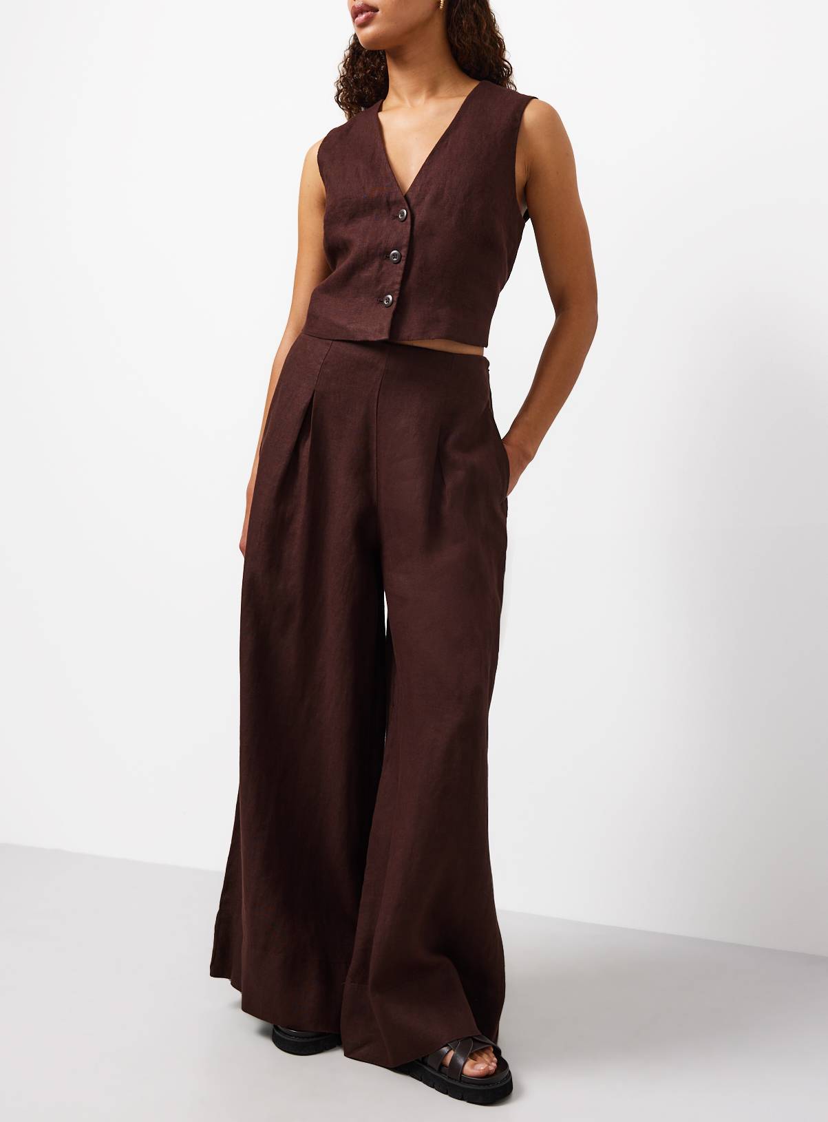Brown Pure Linen Palazzo Trousers 14L - Image 1