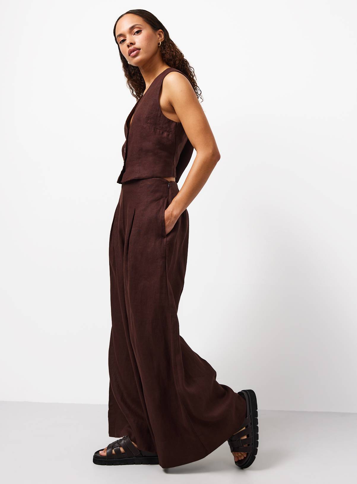 Brown Pure Linen Palazzo Trousers 14L - Image 2