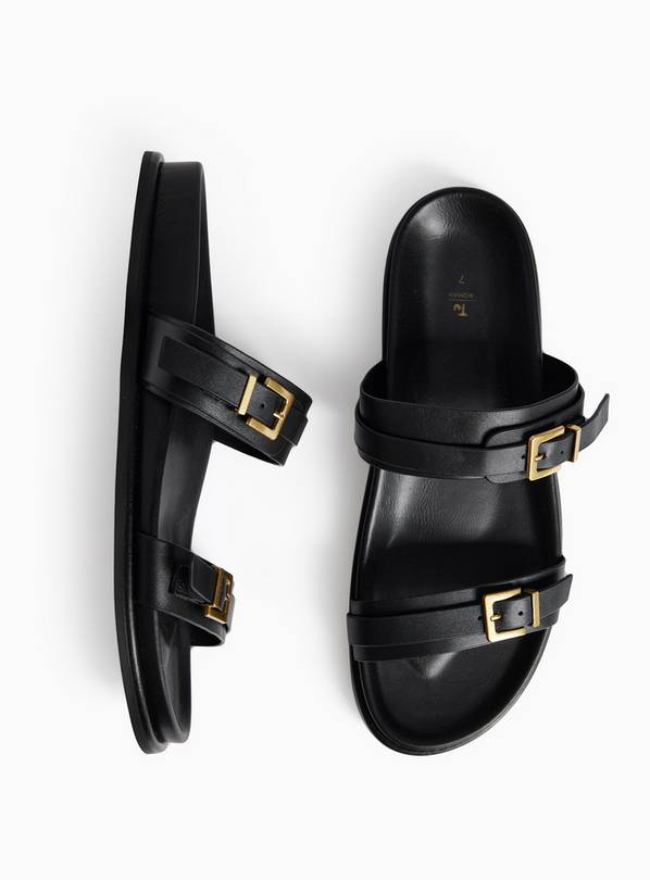 Black Leather Buckle Footbed Sandals 7