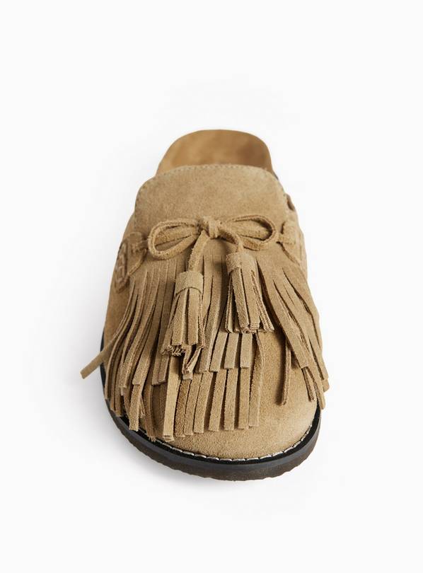 Neutral Suede Tassel Footbed Mules. 8