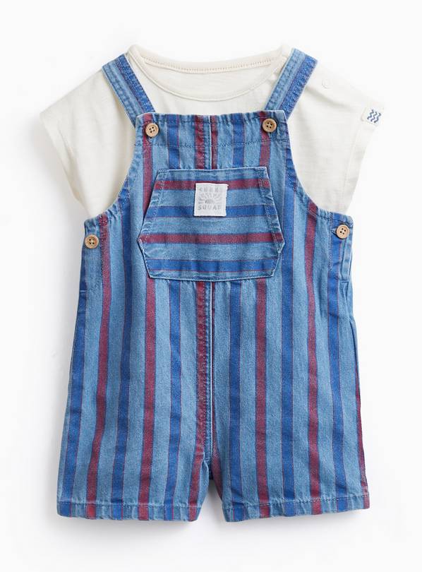 Blue Stripe Print Denim Dungarees & Bodysuit Set 3-6 months