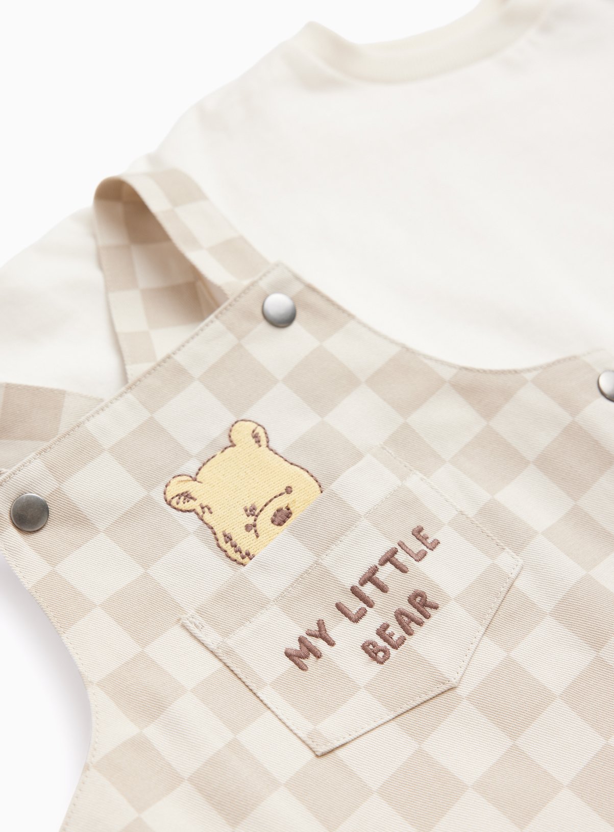 Beige Checkerboard Winnie The Pooh Print Dungarees & T-Shirt Set 3-6 months - Image 2 thumbnail