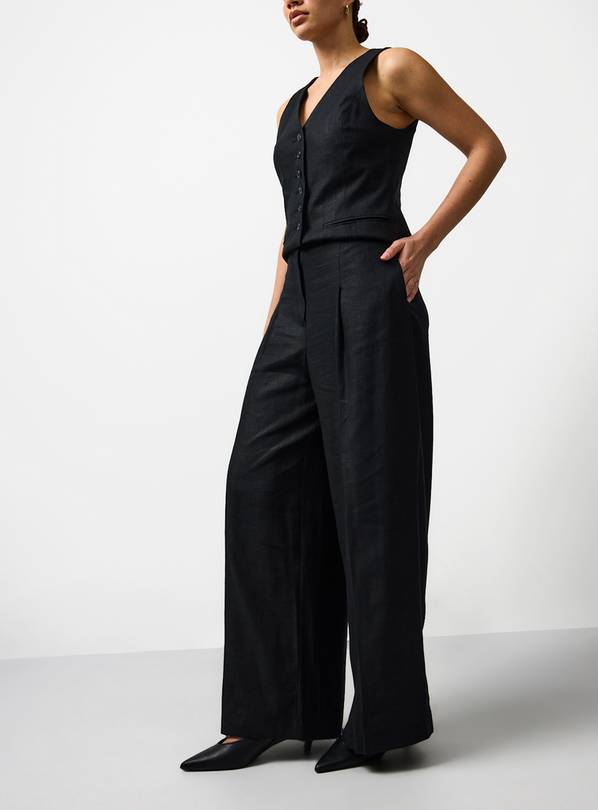 Black Linen Blend Wide Leg Trousers 14L
