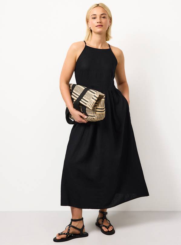 Black Linen Blend Linen Waisted Dress 10