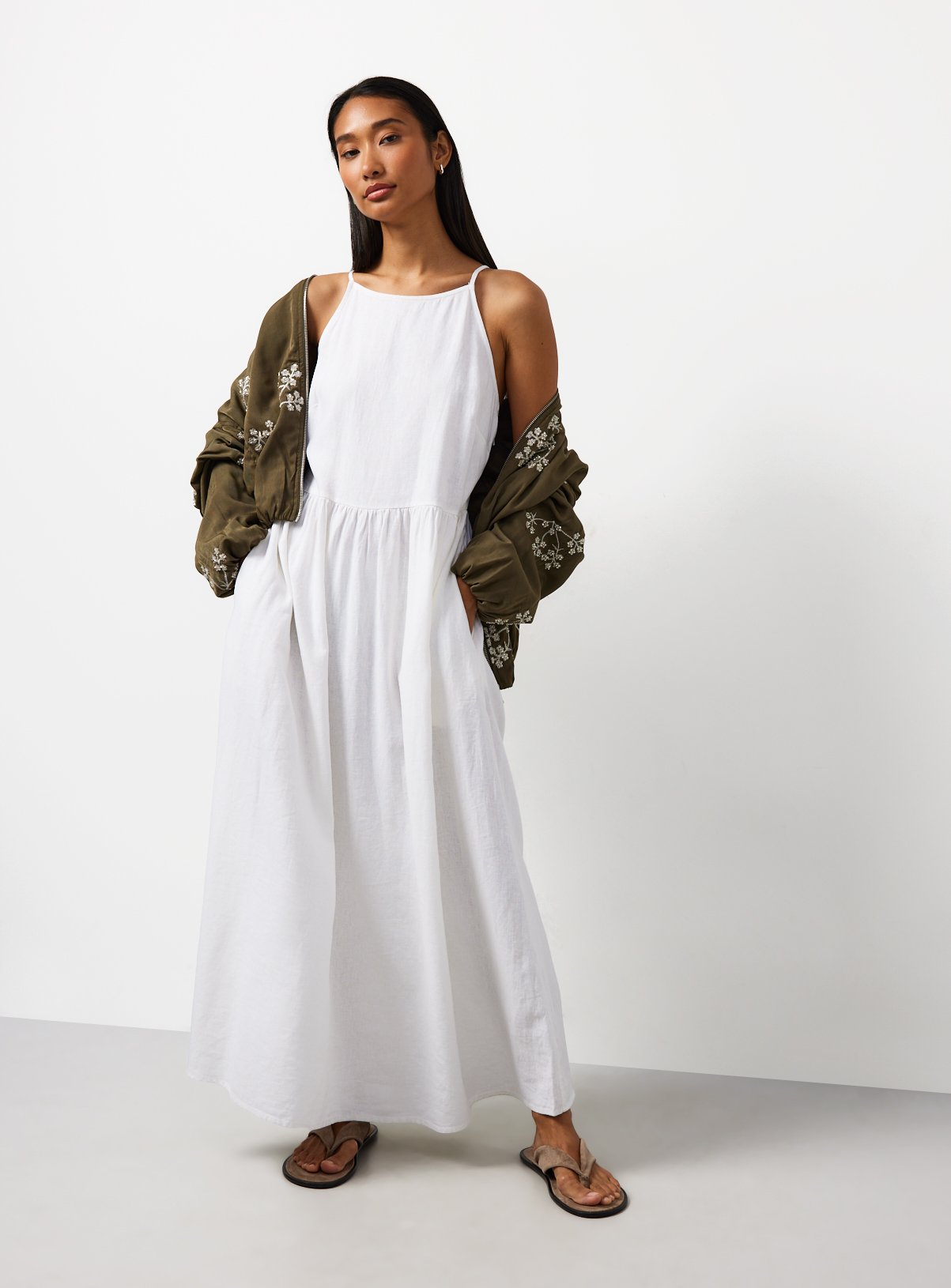 White Linen Blend Waisted Dress 6 - Image 2 thumbnail