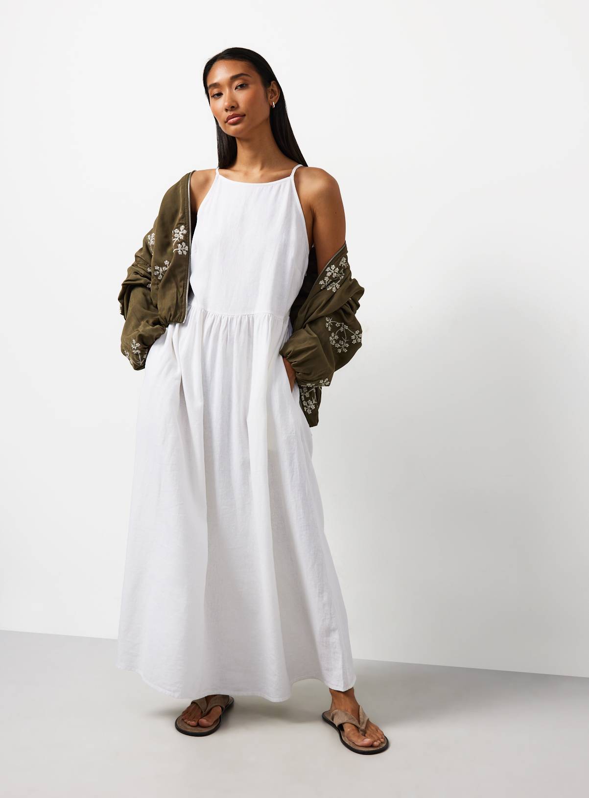 White Linen Blend Waisted Dress 6 - Image 2
