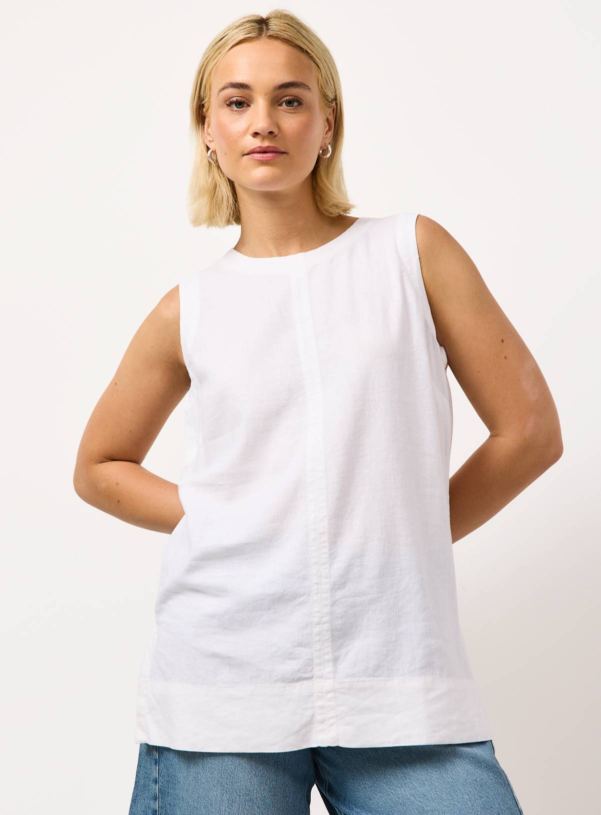 White Linen Blend Longline Sleeveless Shell Top 22 - Image 1