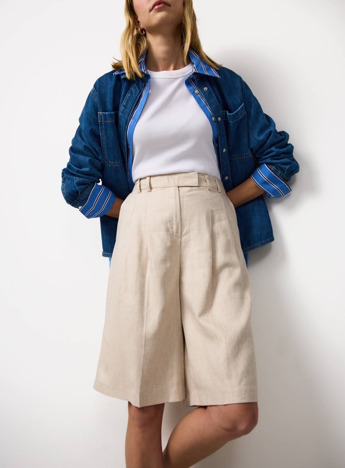Stone Linen Blend Tailored Shorts 20 - Image 1