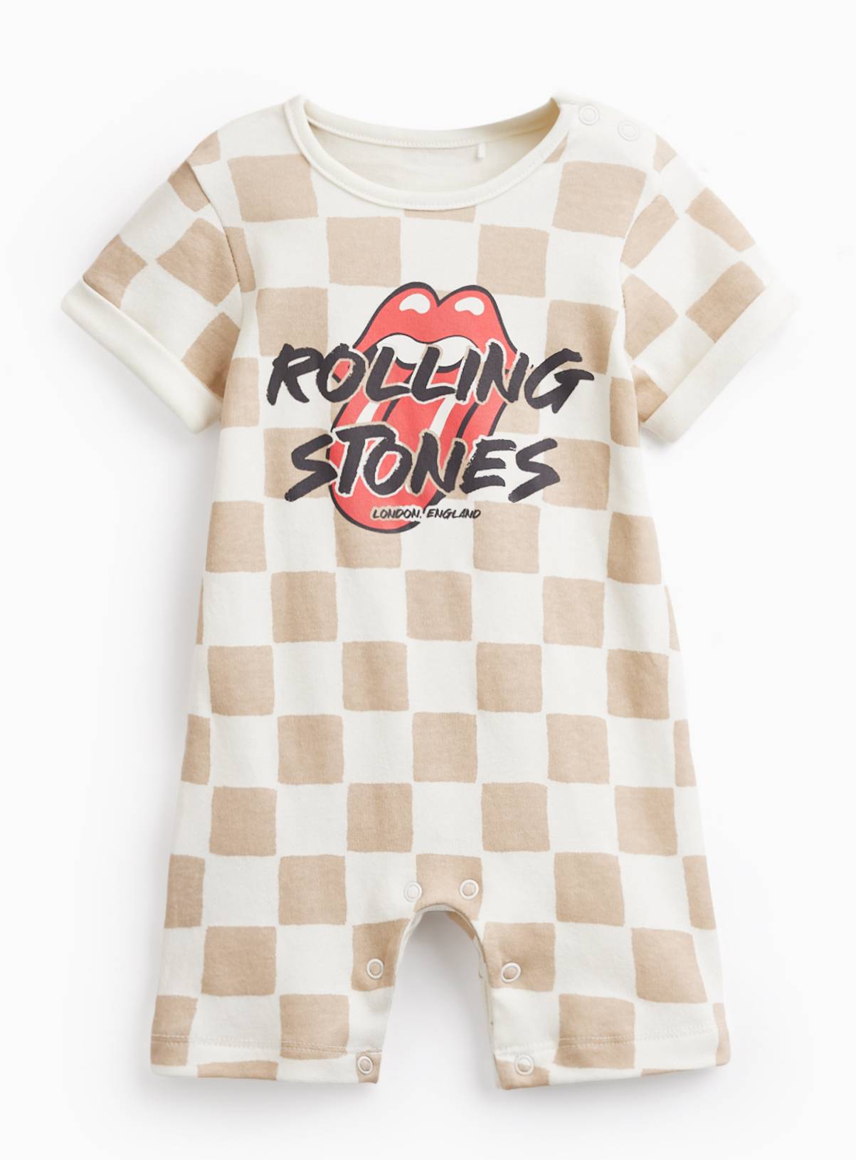 Beige Checkerboard Rolling Stones Print Romper 18-24 months - Image 1