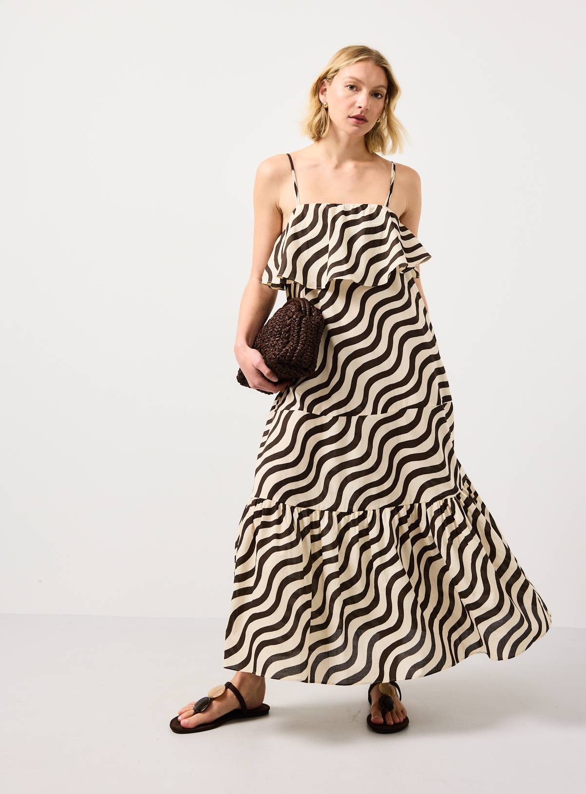 Cream Wavy Stripe Print Tiered Trapeze Dress 10 - Image 1
