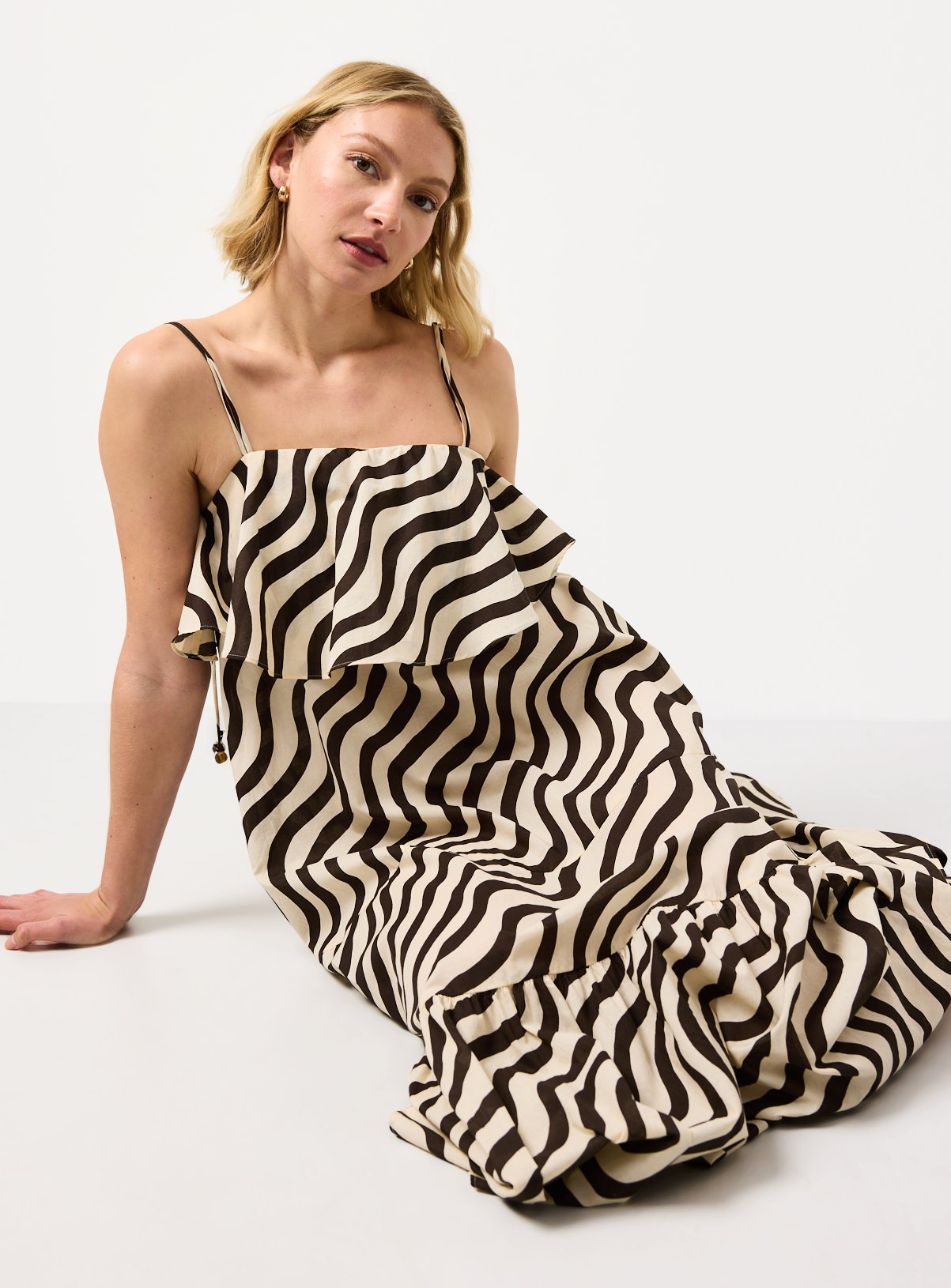 Cream Wavy Stripe Print Tiered Trapeze Dress 10 - Image 2 thumbnail