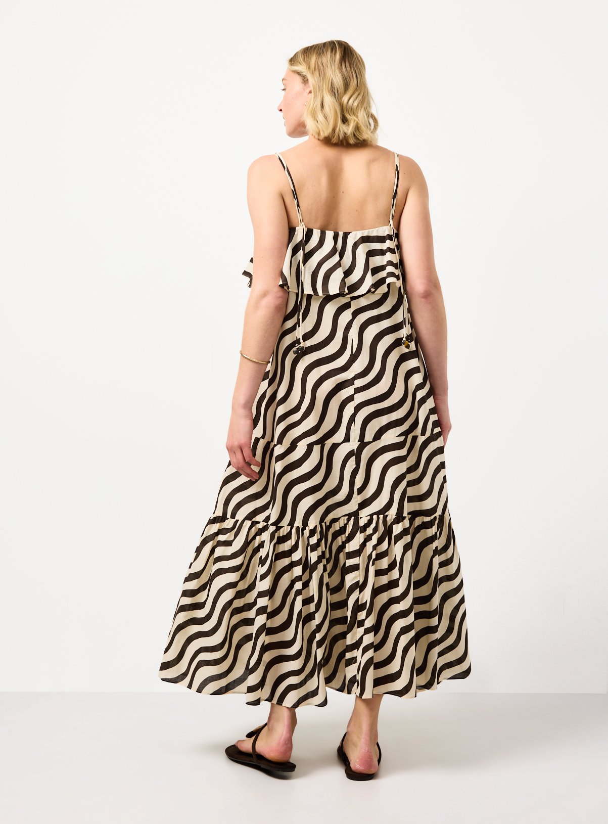 Cream Wavy Stripe Print Tiered Trapeze Dress 10 - Image 4 thumbnail