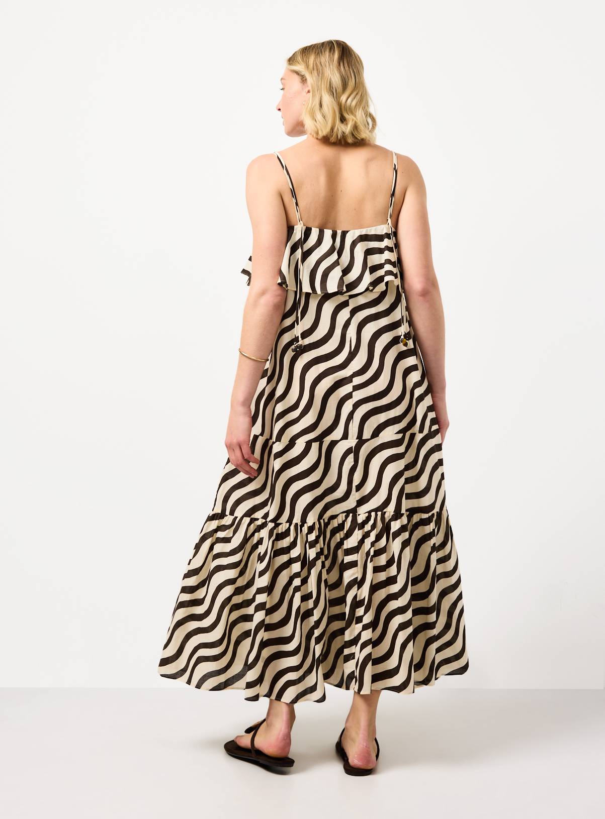 Cream Wavy Stripe Print Tiered Trapeze Dress 10 - Image 4