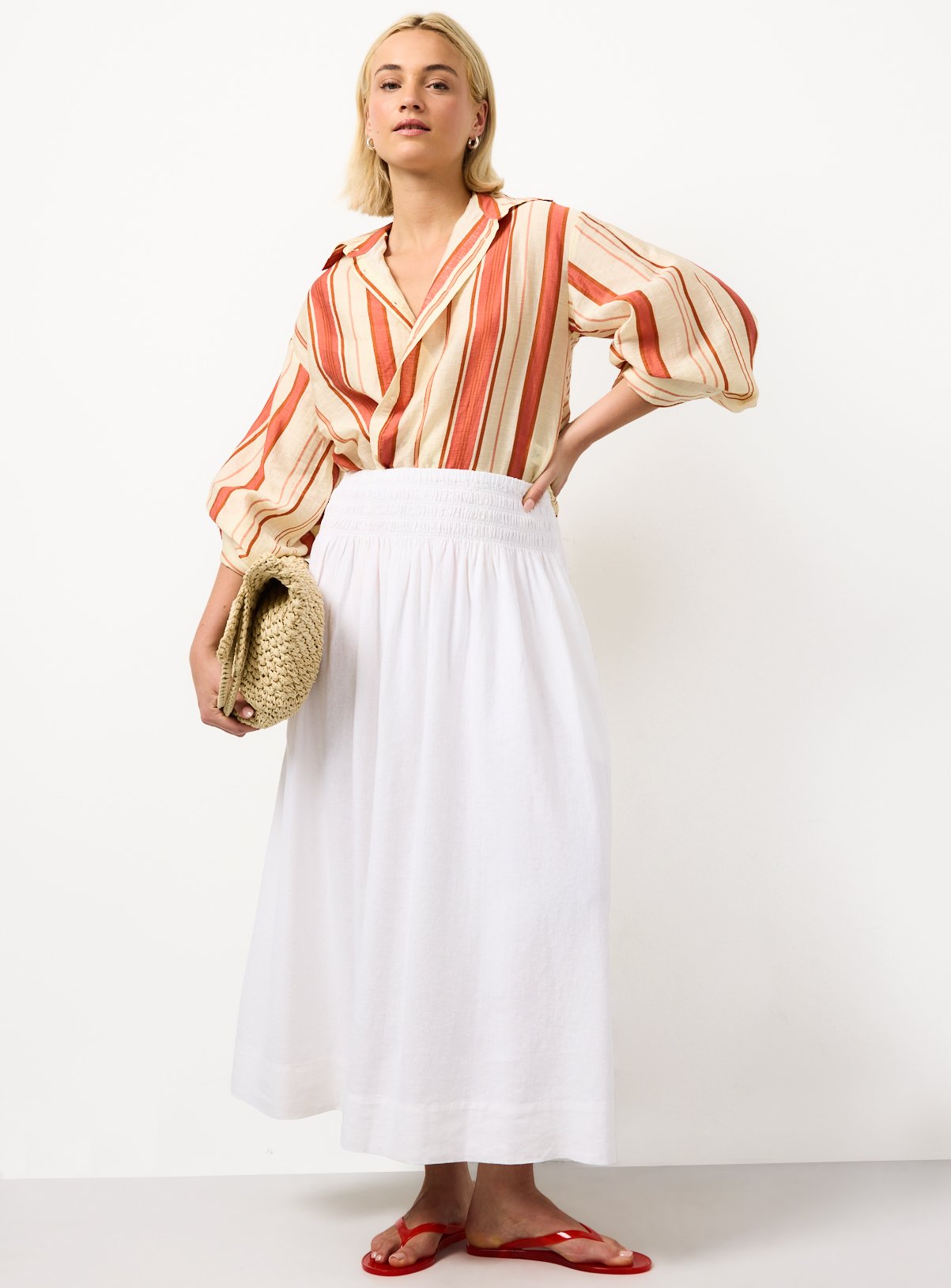 White Linen Rich Shirred Waist Midaxi Skirt 20 - Image 2 thumbnail