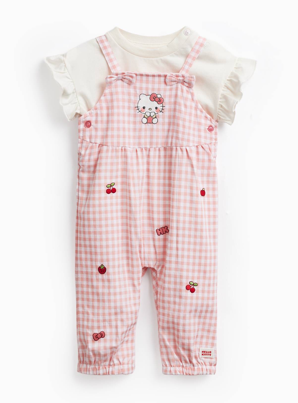 Pink Gingham Hello Kitty Print Dungarees & T-Shirt Set 3-6 months - Image 1