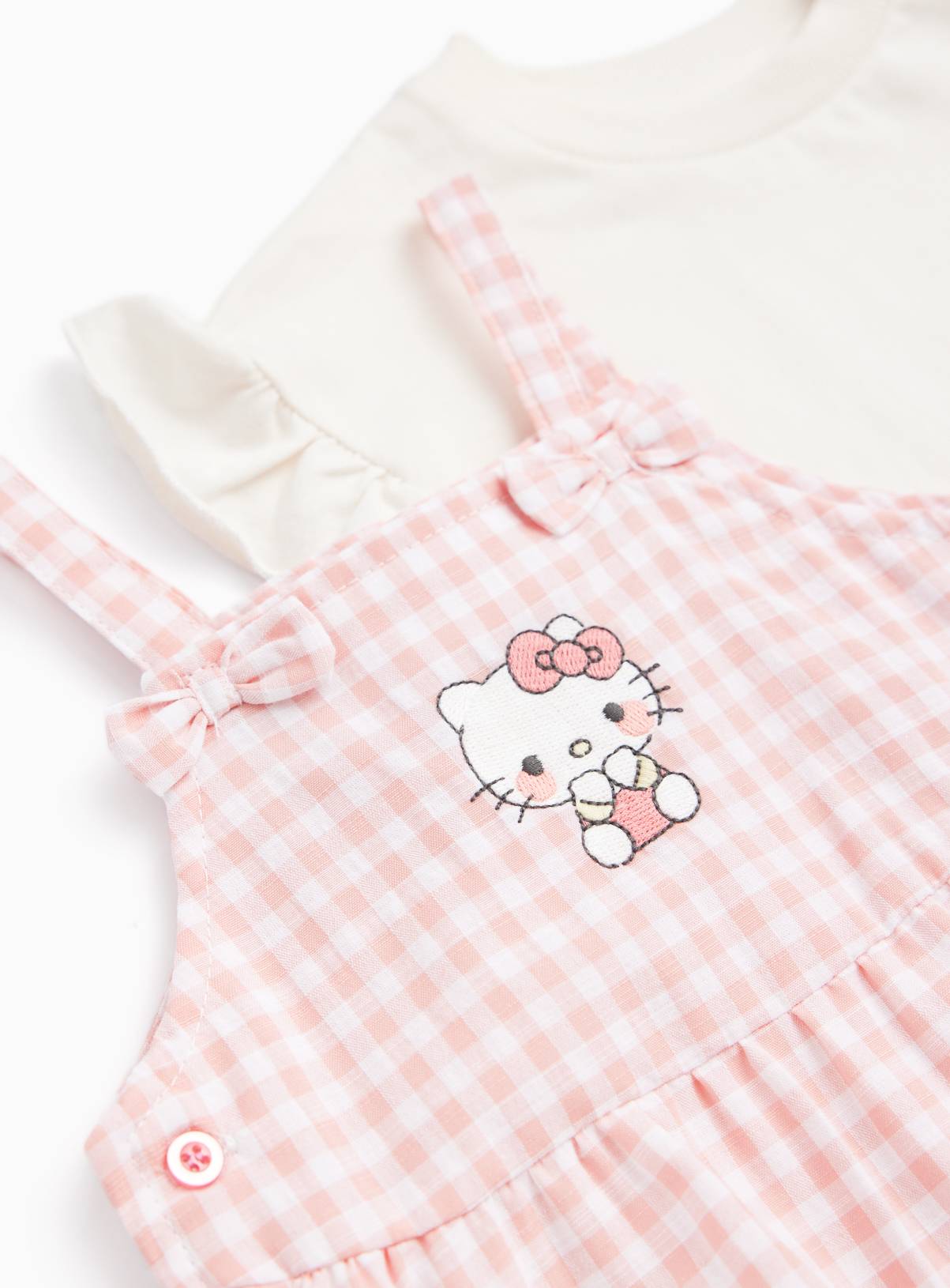 Pink Gingham Hello Kitty Print Dungarees & T-Shirt Set 3-6 months - Image 2