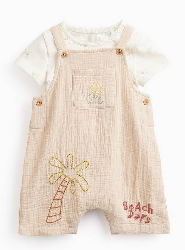 Cream Beach Print Dungarees & Bodysuit Set 12-18 months
