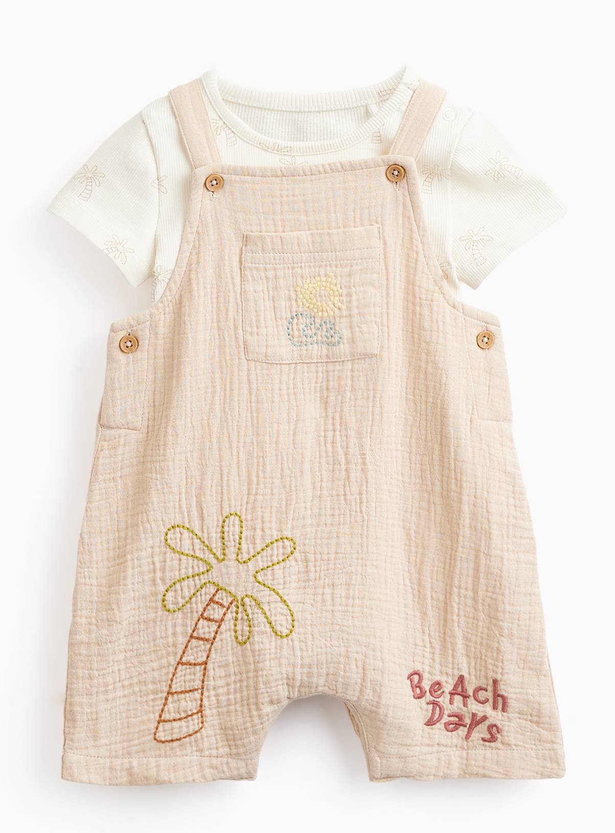 Beige Beach Print Dungarees & Bodysuit Set 18-24 months - Image 1