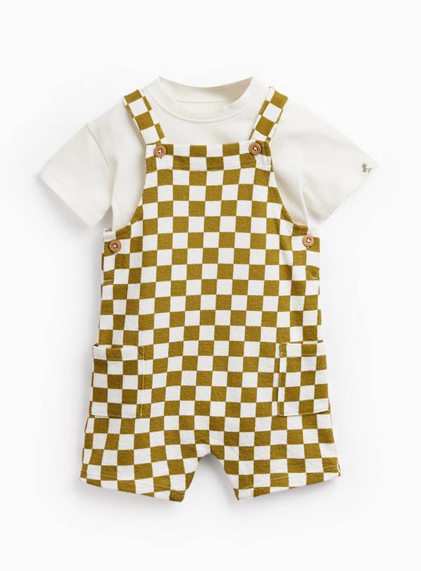 Khaki Checkerboard Print Dungarees & Bodysuit Set 3-6 months
