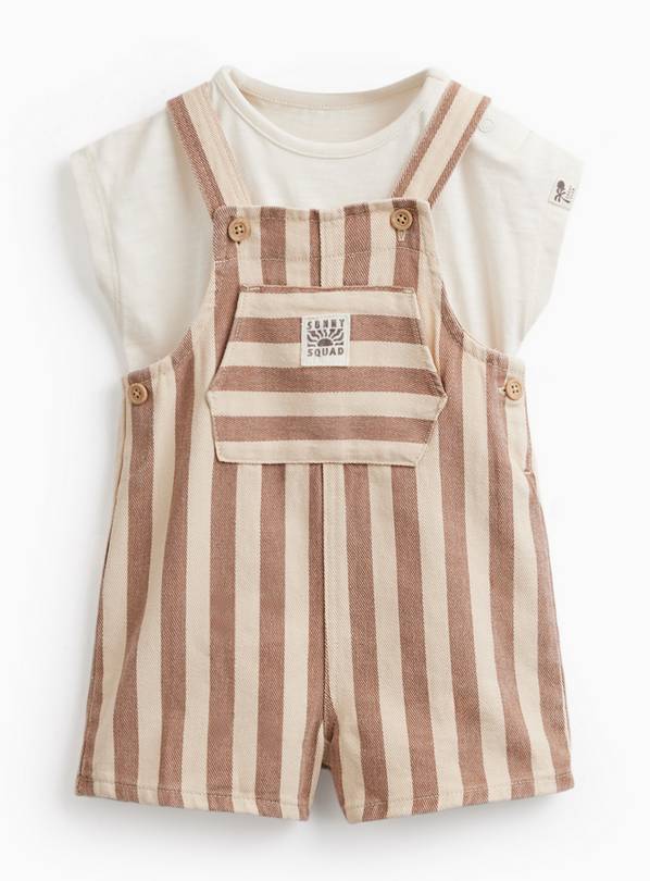 Brown Stripe Print Denim Dungarees & Bodysuit Set 6-9 months
