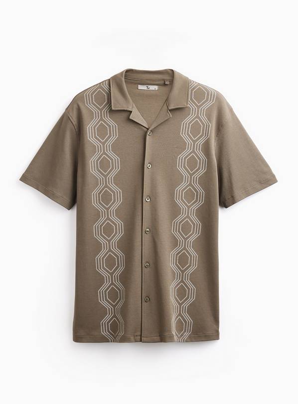Khaki Retro Print Revere Neck Shirt XXL