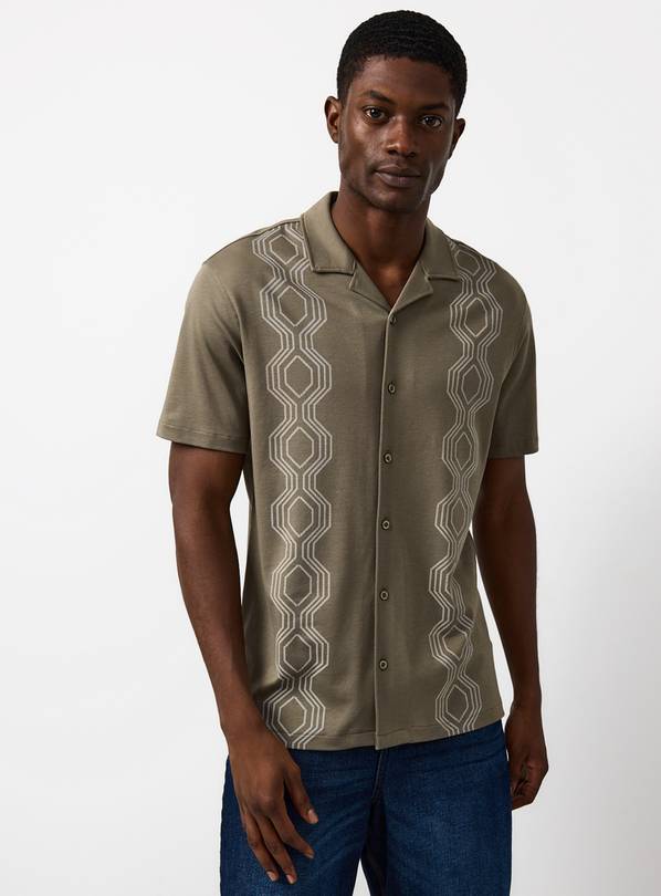 Khaki Retro Print Revere Neck Shirt XL