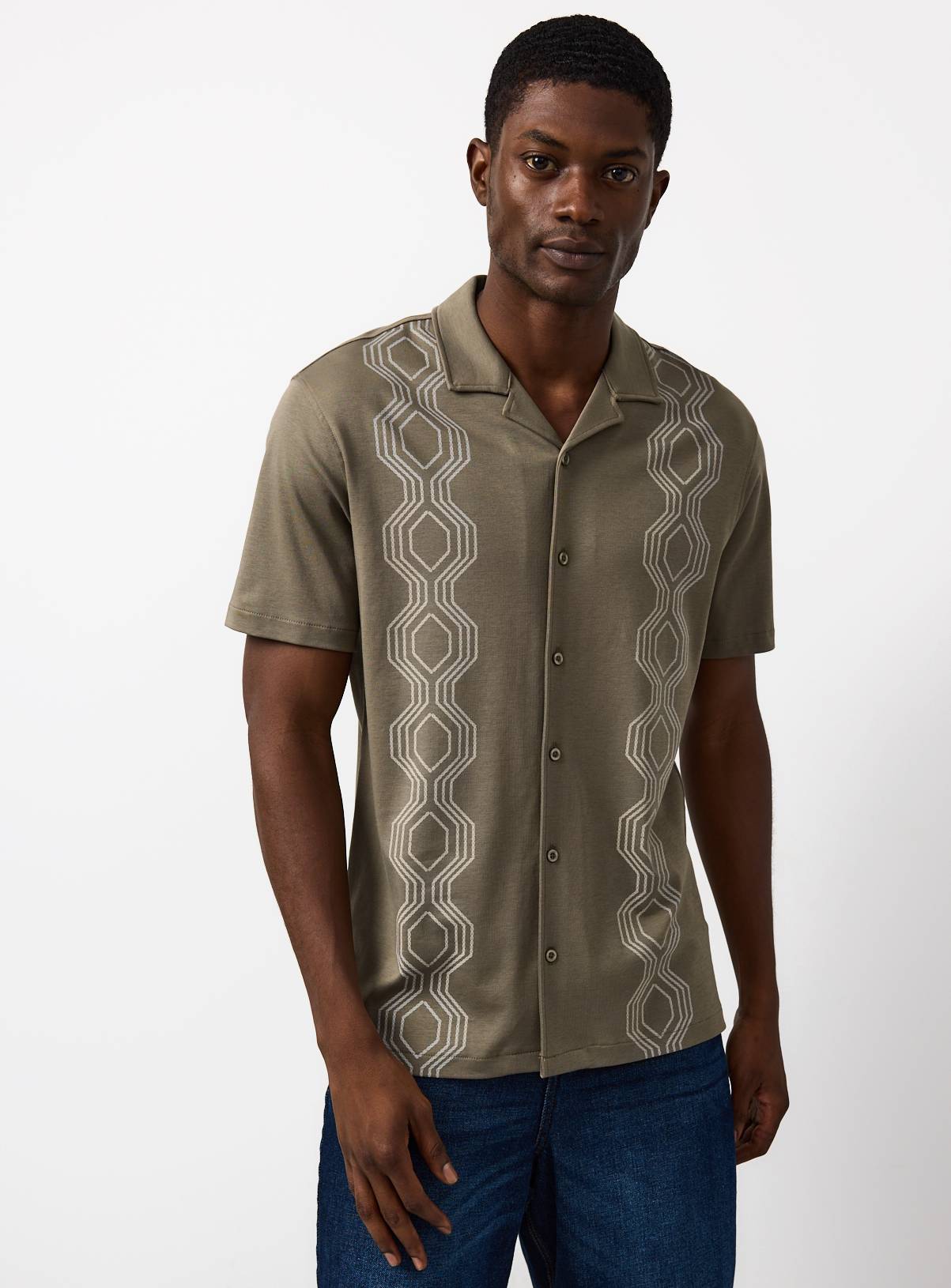 Khaki Retro Print Revere Neck Shirt XL - Image 1