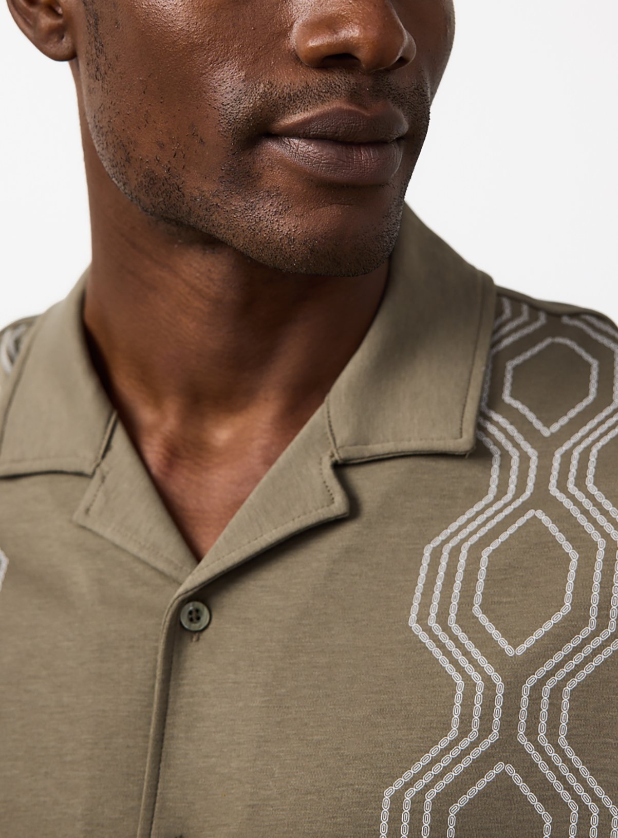 Khaki Retro Print Revere Neck Shirt XL - Image 2 thumbnail