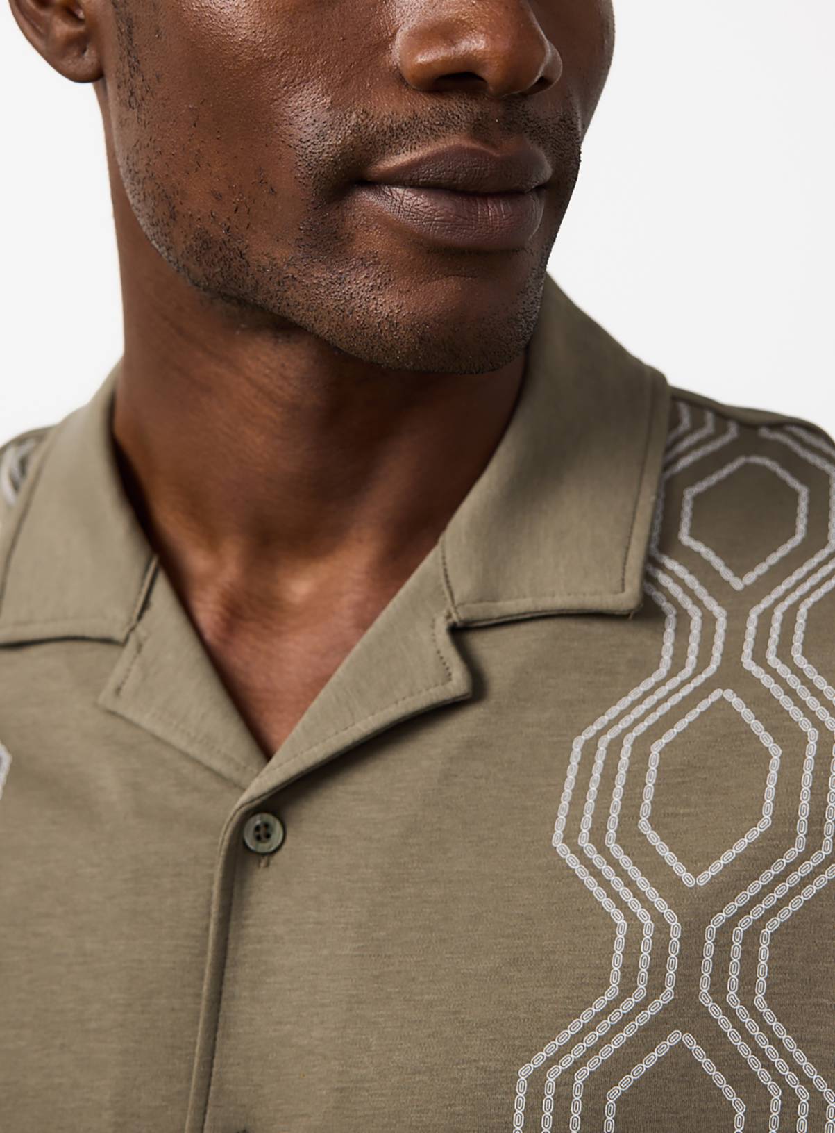 Khaki Retro Print Revere Neck Shirt XL - Image 2