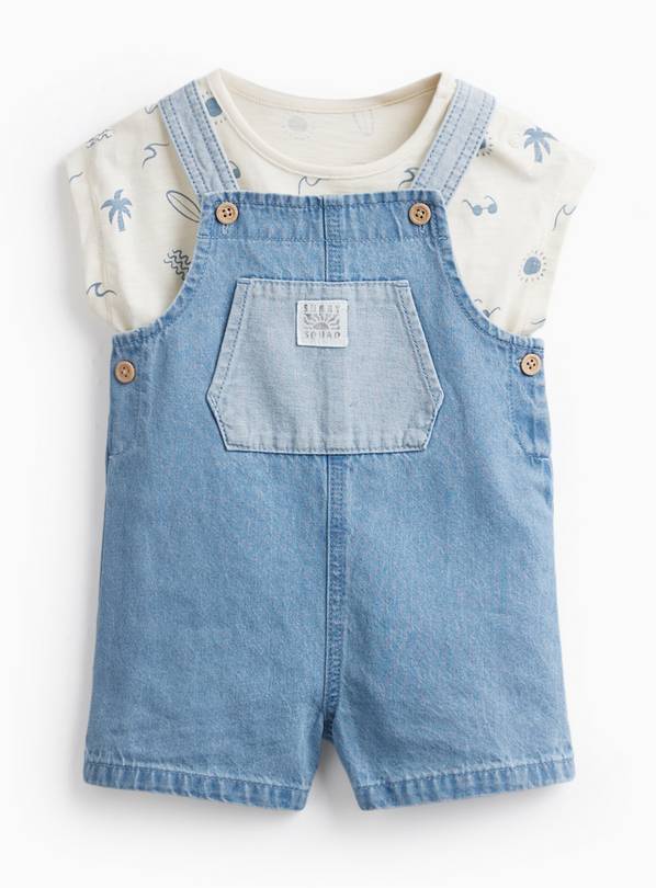 Blue Denim Dungarees & Beach Print Bodysuit Set 9-12 months
