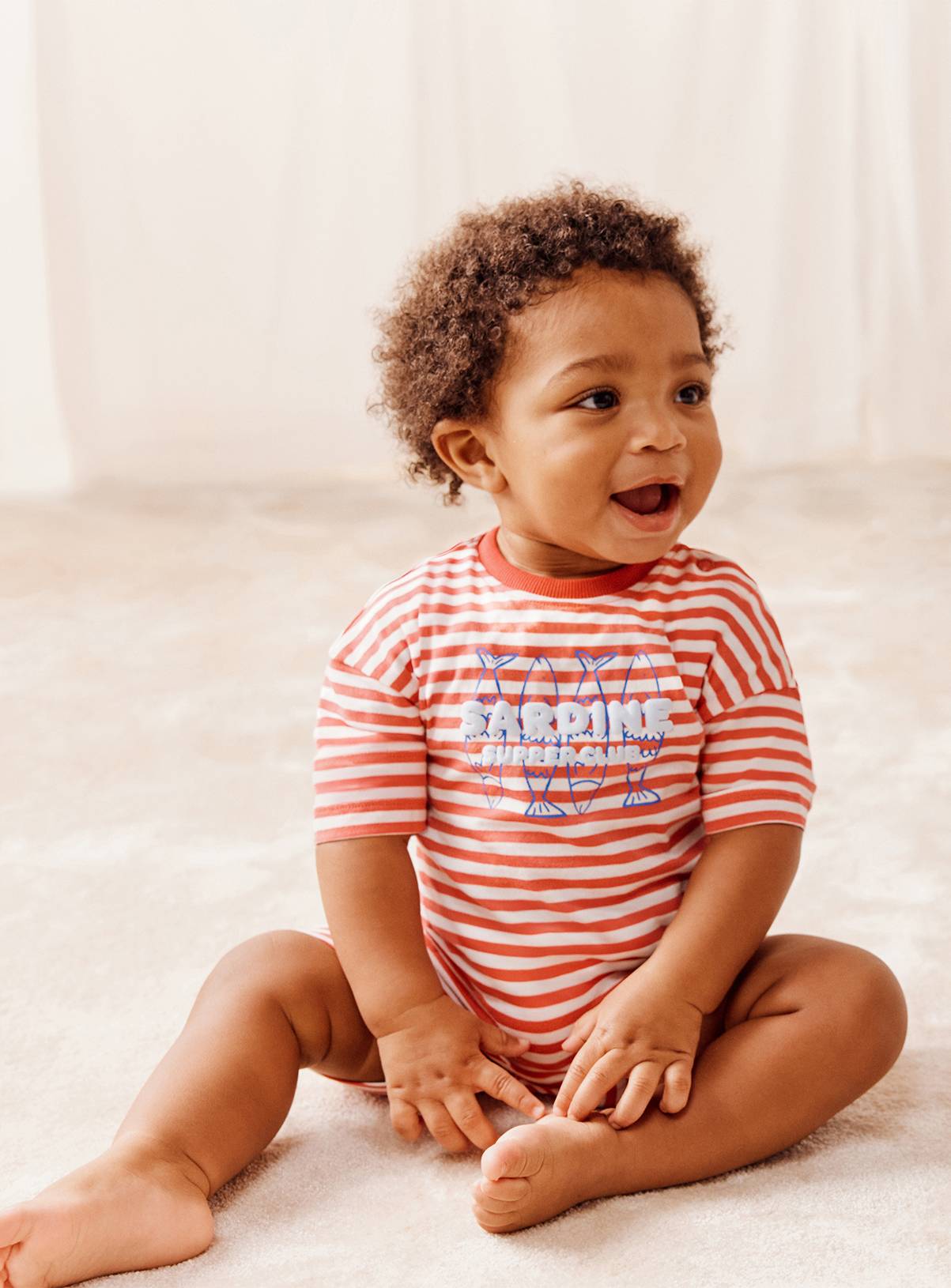 Red Stripe Print Sardine Graphic Short Sleeve Romper 3-6 months - Image 1