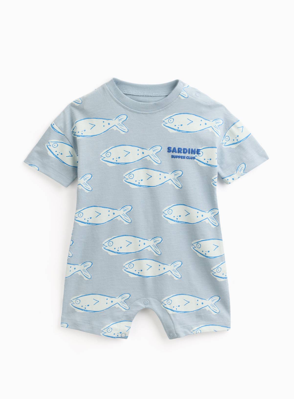 Blue Sardine Print Short Sleeve Romper 3-6 months - Image 1