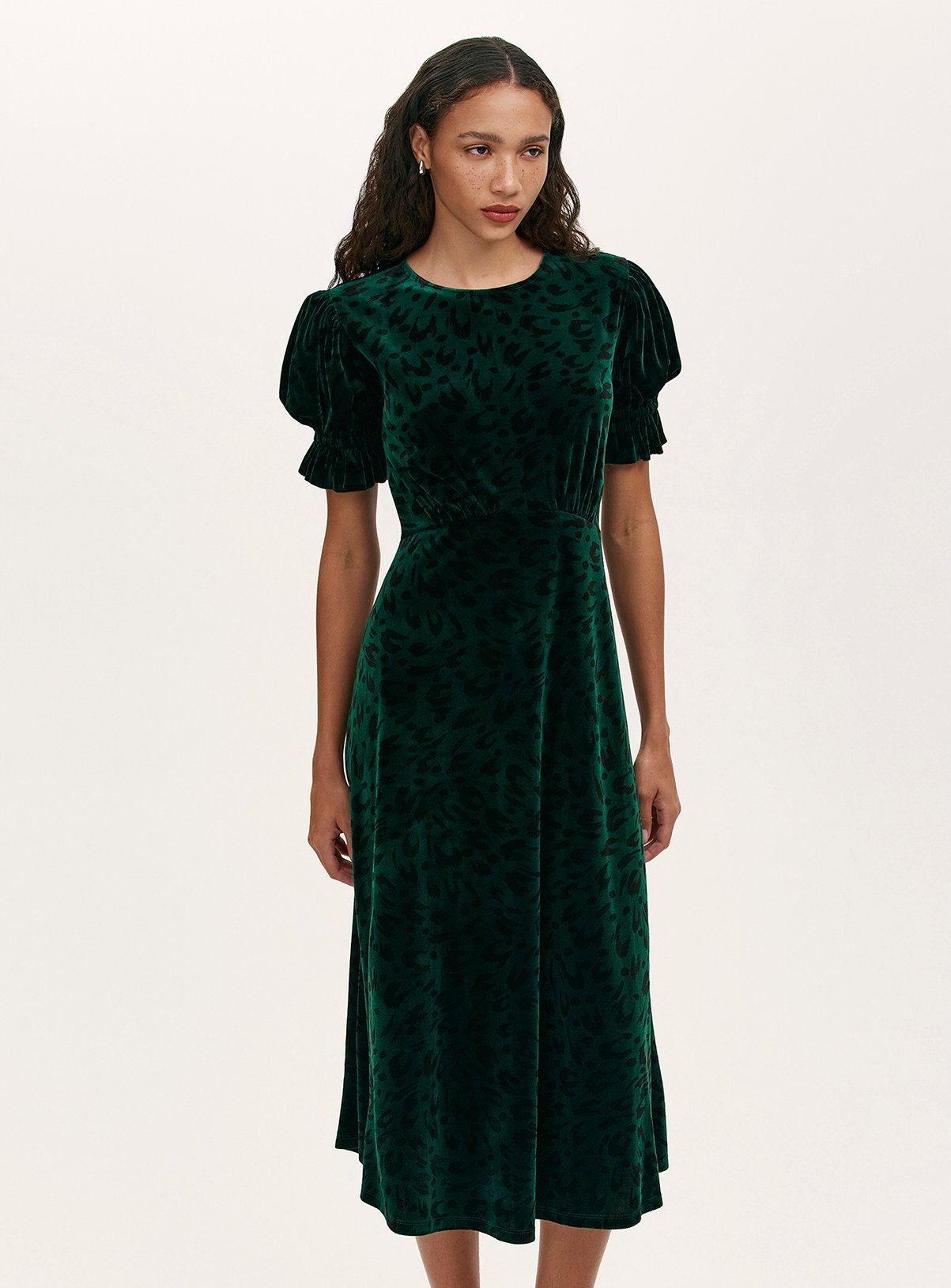 FINERY Mela Velvet Dress Green Animal 16 - Image 2 thumbnail