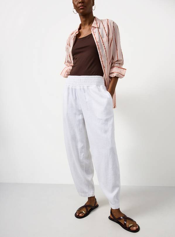 White Linen Barrel Leg Trousers 16
