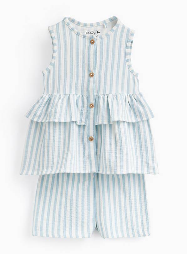 Blue Stripe Print Frill Detail Top & Shorts Set 3-6 months