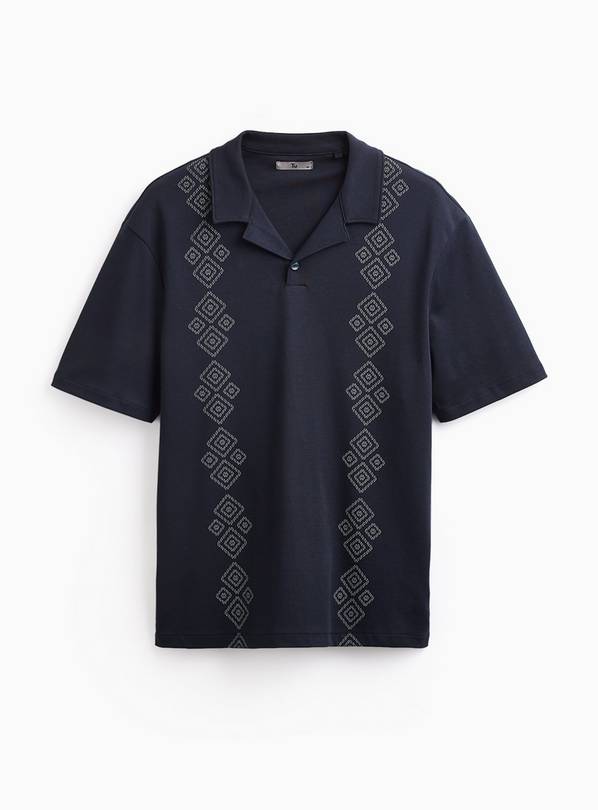 Navy Retro Print Revere Neck Polo Shirt M